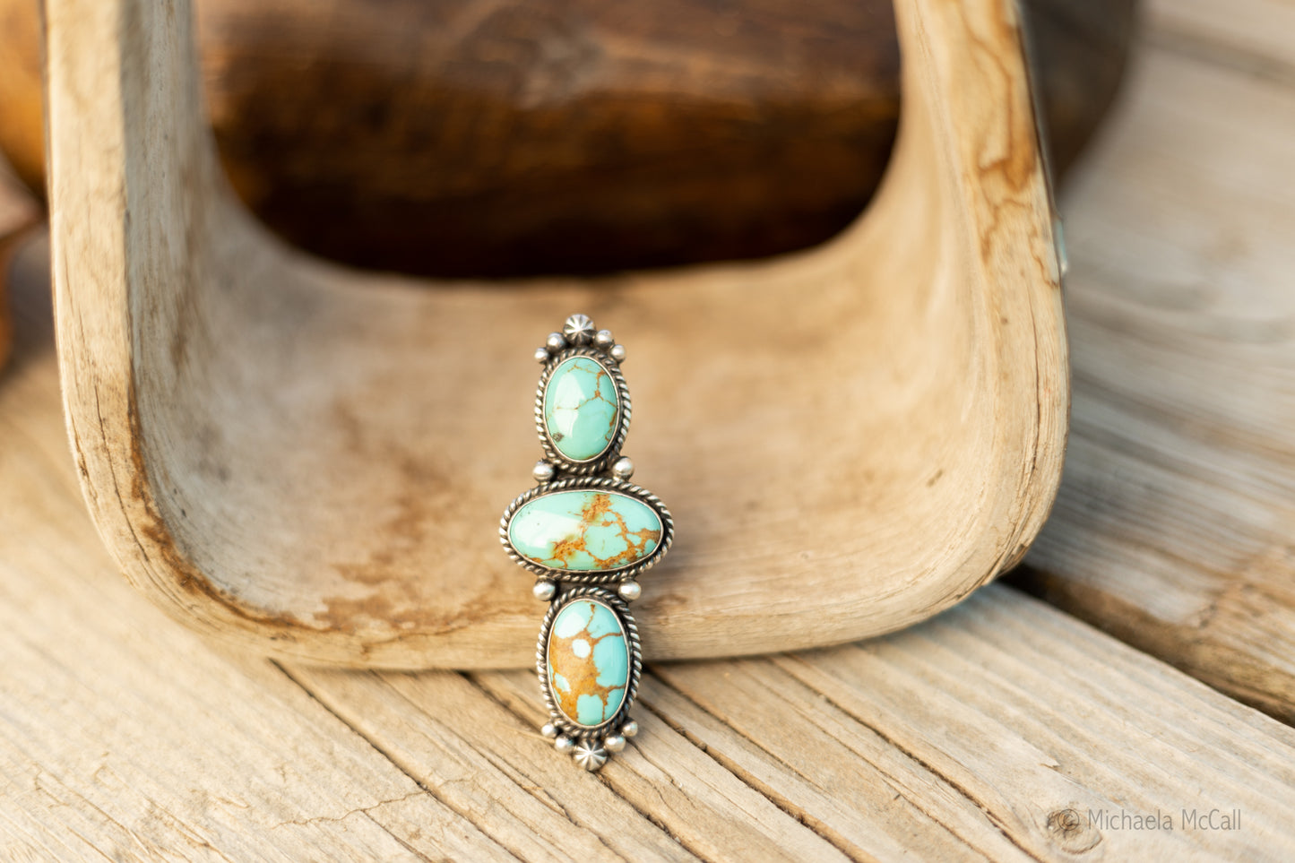 Triple Stone Tyrone Turquoise Ring, Size 7.5