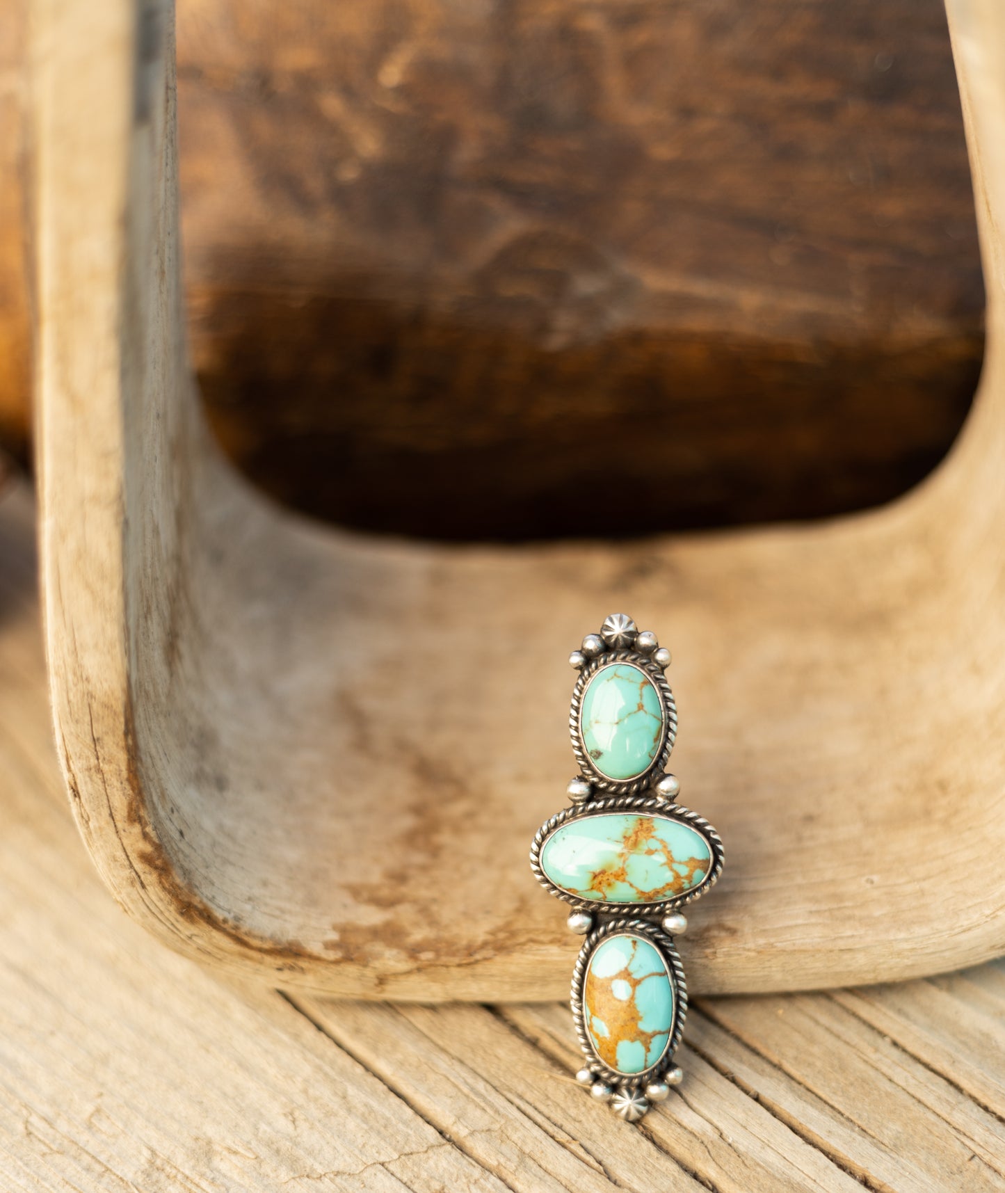 Triple Stone Tyrone Turquoise Ring, Size 7.5