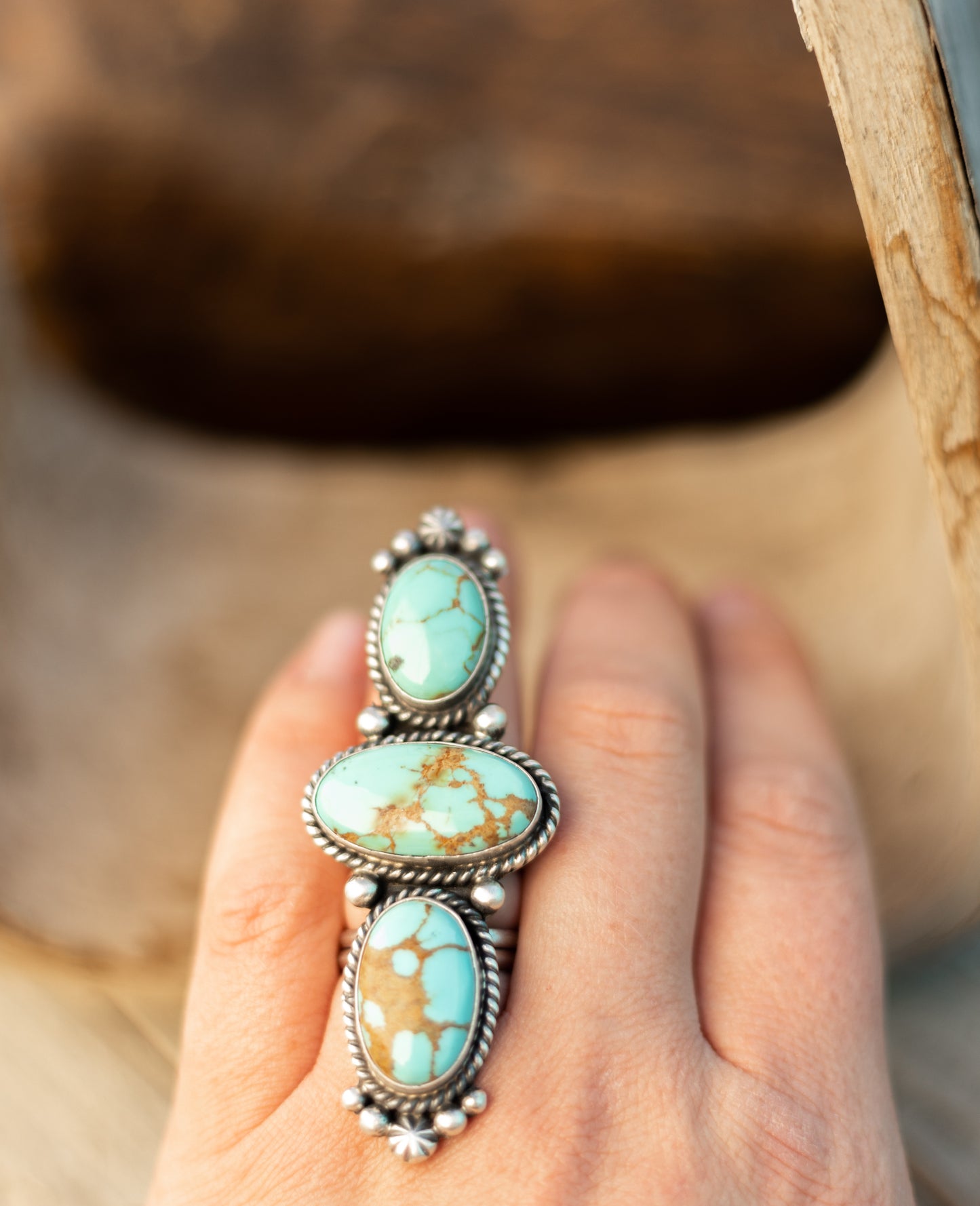 Triple Stone Tyrone Turquoise Ring, Size 7.5