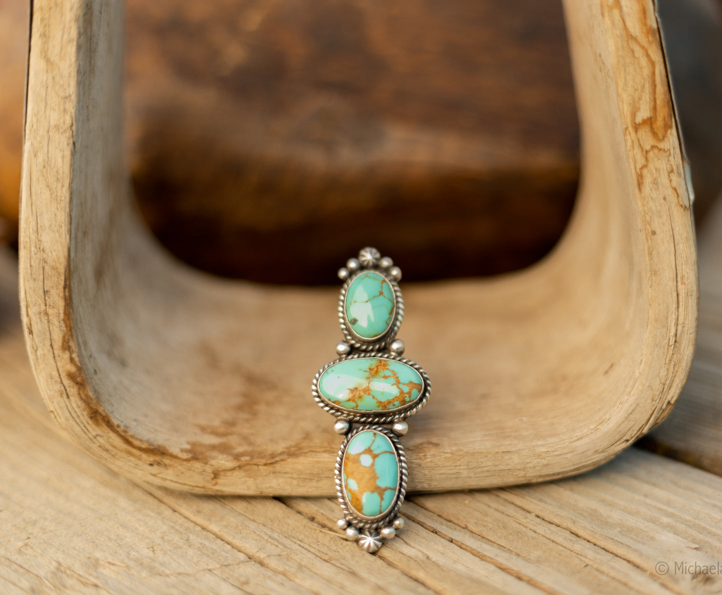Triple Stone Tyrone Turquoise Ring, Size 7.5